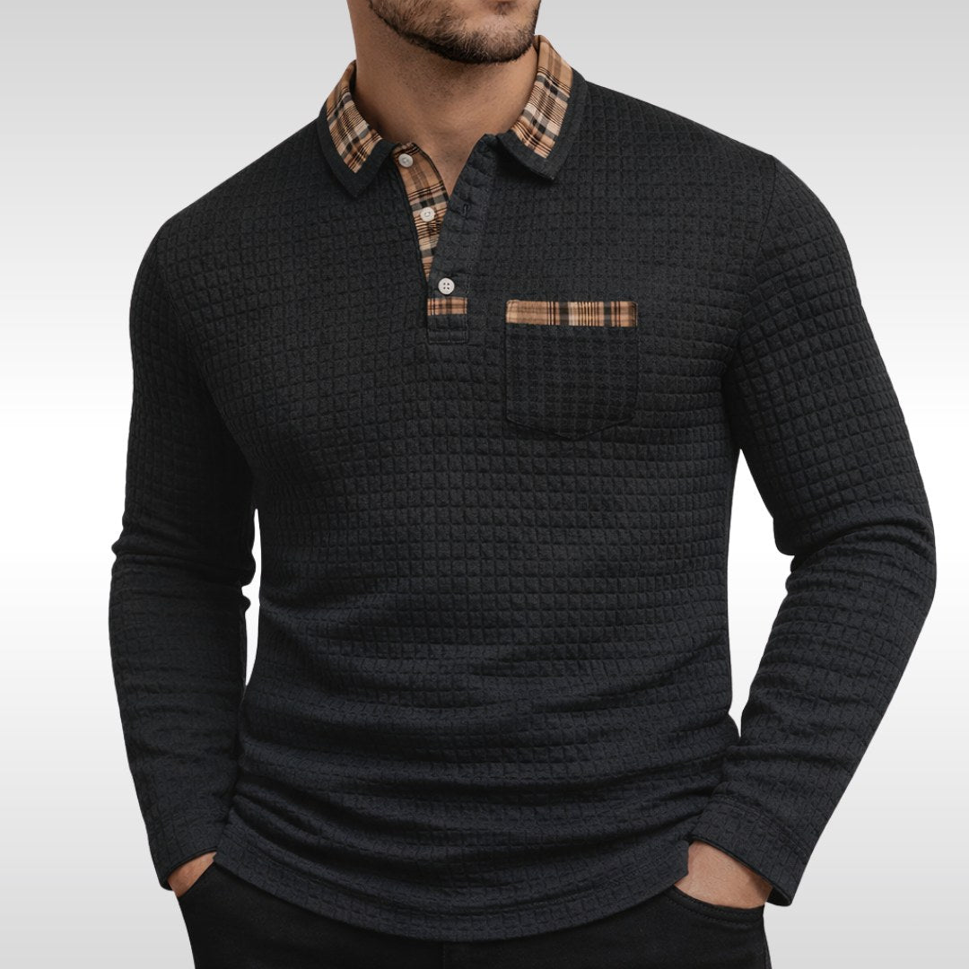 Günter | Men's Waffle-Piqué Polo Shirt with Check Pattern, Classic Polo Shirt | My Sweet Wardrobe | Blue