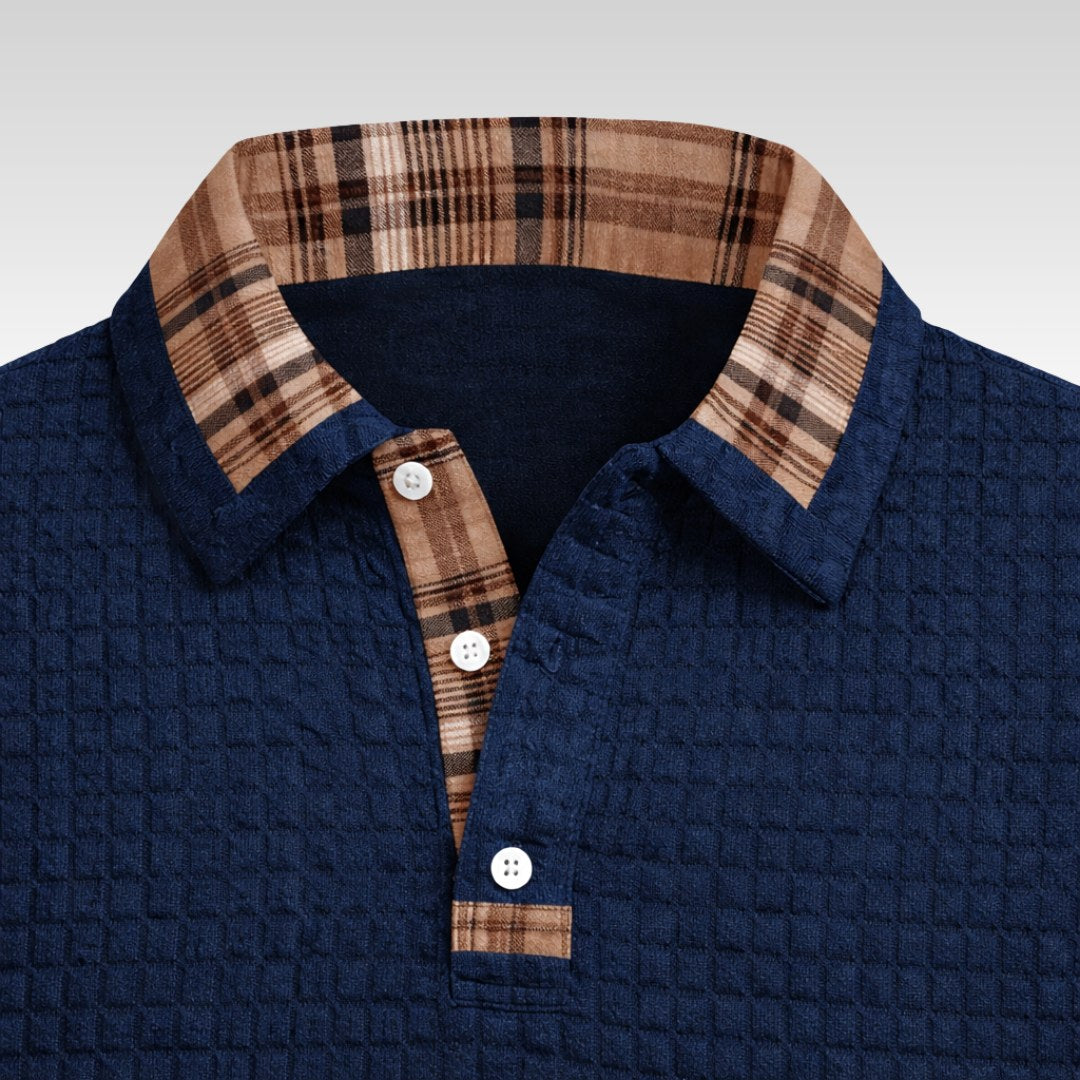 Günter | Men's Waffle-Piqué Polo Shirt with Check Pattern, Classic Polo Shirt | My Sweet Wardrobe | Blue