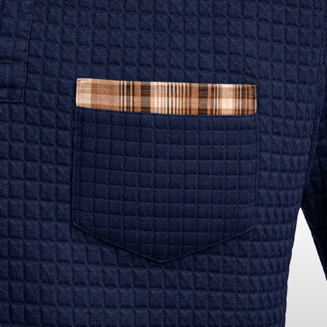 Günter | Men's Waffle-Piqué Polo Shirt with Check Pattern, Classic Polo Shirt | My Sweet Wardrobe | Grey