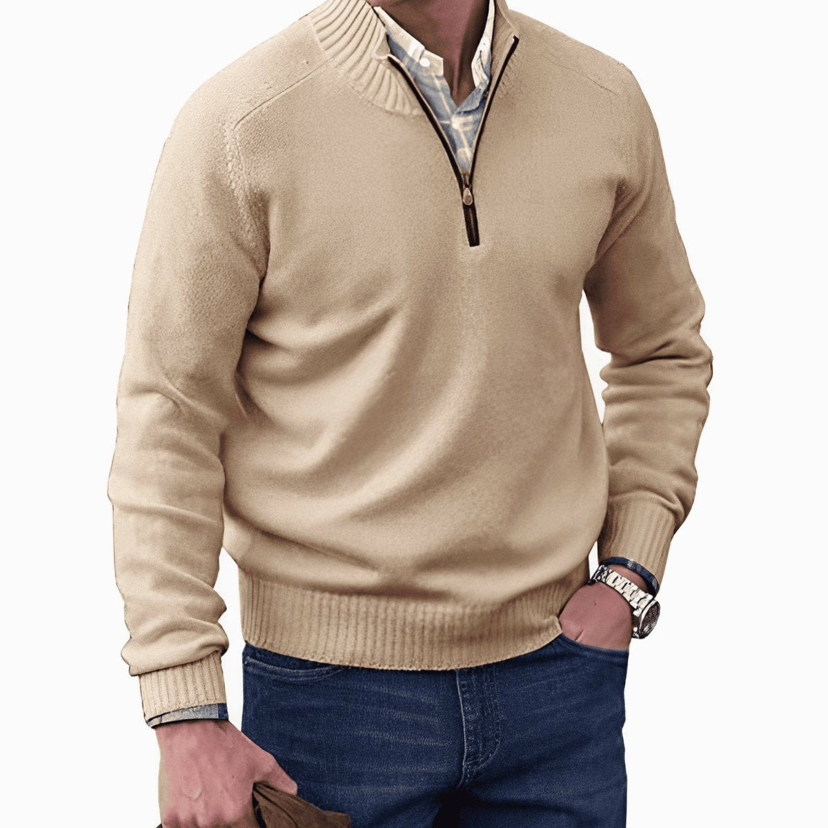 Gustav | Men's Knit Jumper with Zip and Stand Collar, Long-Sleeve Jumper | My Sweet Wardrobe | Brown
