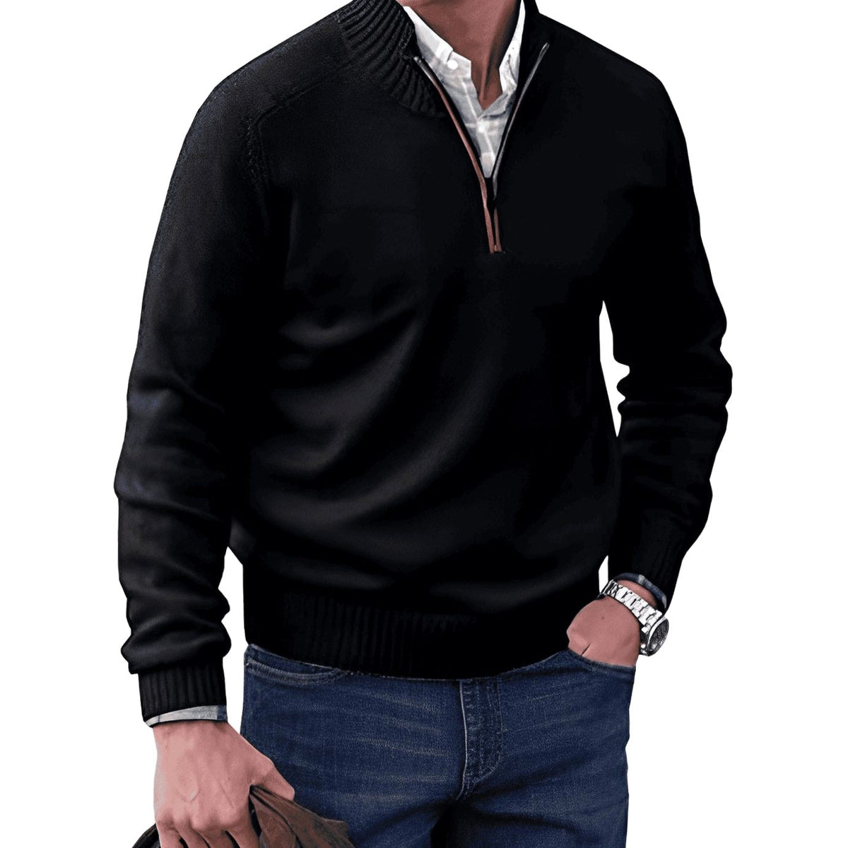 Gustav | Men's Knit Jumper with Zip and Stand Collar, Long-Sleeve Jumper | My Sweet Wardrobe | Green