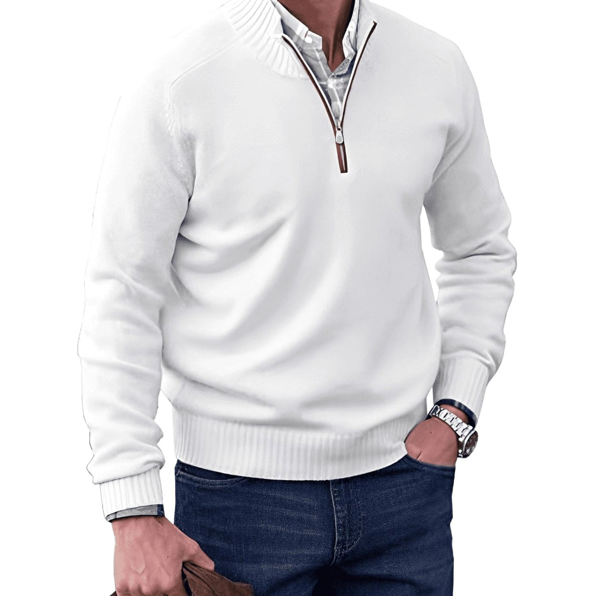 Gustav | Men's Knit Jumper with Zip and Stand Collar, Long-Sleeve Jumper | My Sweet Wardrobe | Brown