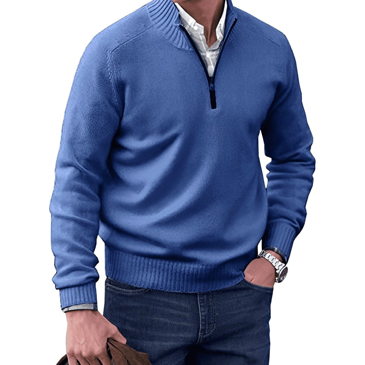 Gustav | Men's Knit Jumper with Zip and Stand Collar, Long-Sleeve Jumper | My Sweet Wardrobe | Brown