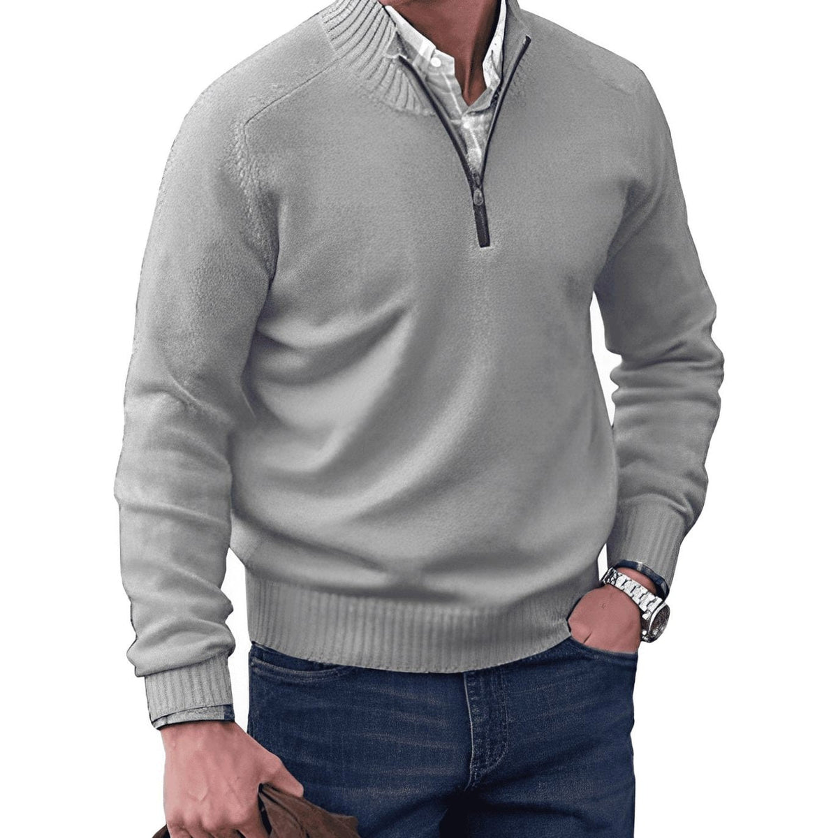 Gustav | Men's Knit Jumper with Zip and Stand Collar, Long-Sleeve Jumper | My Sweet Wardrobe | Brown