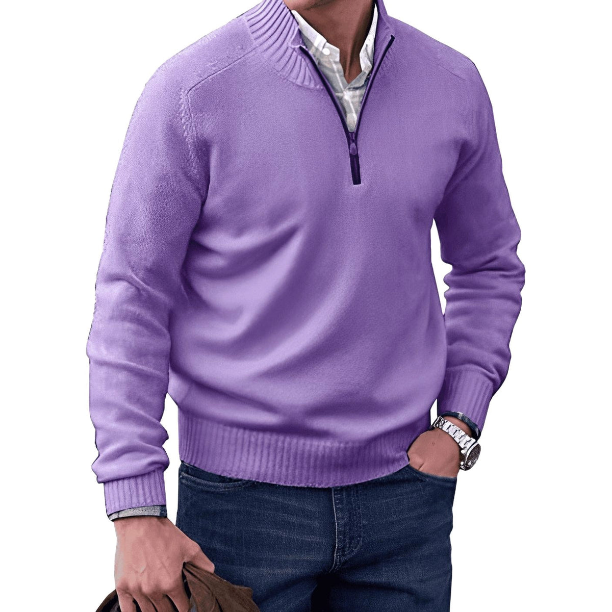 Gustav | Men's Knit Jumper with Zip and Stand Collar, Long-Sleeve Jumper | My Sweet Wardrobe | Black