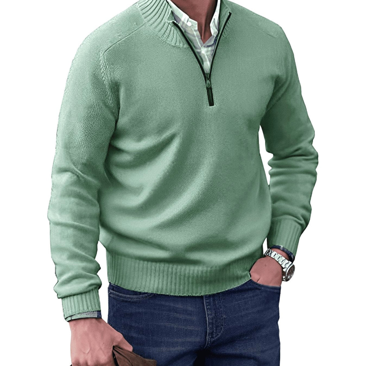 Gustav | Men's Knit Jumper with Zip and Stand Collar, Long-Sleeve Jumper | My Sweet Wardrobe | Black