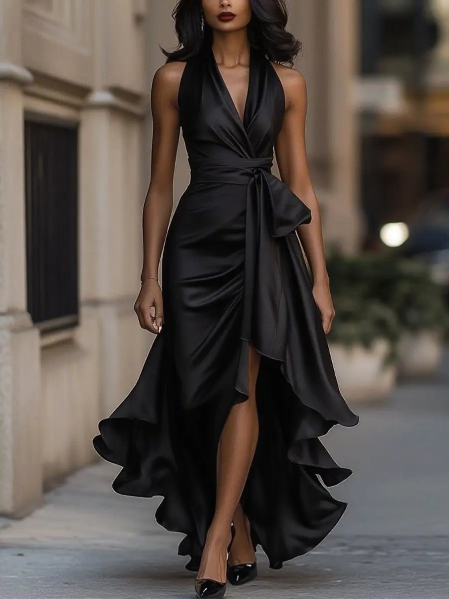 Hallie | Women's Halterneck Maxi Dress, Wrap-Waist Evening Dress | Dressific | Blue