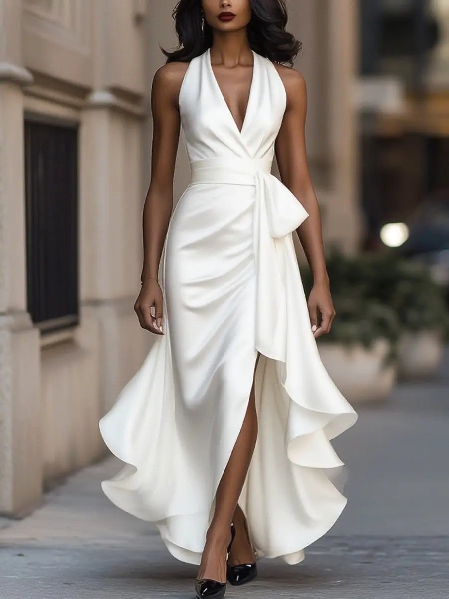 Hallie | Women's Halterneck Maxi Dress, Wrap-Waist Evening Dress | Dressific | Brown
