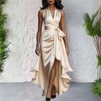Hallie | Women's Halterneck Maxi Dress, Wrap-Waist Evening Dress | Dressific | Burgundy