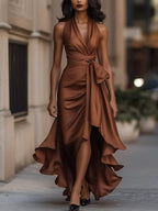 Hallie | Women's Halterneck Maxi Dress, Wrap-Waist Evening Dress | Dressific | Dark Pink