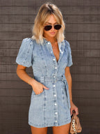 Helene | Women's Button-Up Denim Mini Dress, Shirt-Style Denim Dress | My Sweet Wardrobe