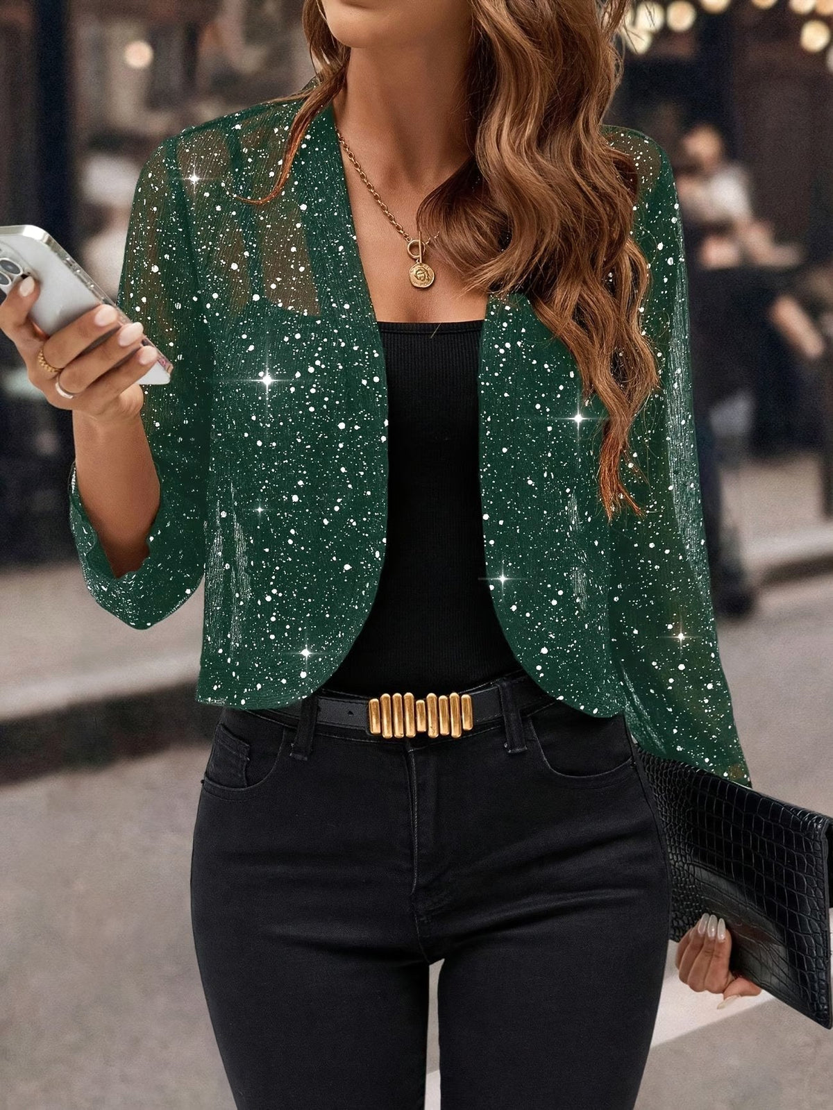 Isabelle | Women's Sequin Cardigan Jacket, Glitter Evening Jacket | Dressific | Black