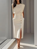 Isabelle | Women's Sleeveless Midi Dress with Button Front, A-Line Midi Dress | My Sweet Wardrobe | Beige