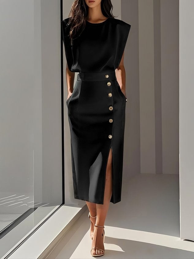 Isabelle | Women's Sleeveless Midi Dress with Button Front, A-Line Midi Dress | My Sweet Wardrobe | Black