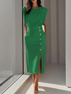 Isabelle | Women's Sleeveless Midi Dress with Button Front, A-Line Midi Dress | My Sweet Wardrobe | Green