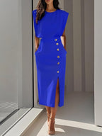 Isabelle | Women's Sleeveless Midi Dress with Button Front, A-Line Midi Dress | My Sweet Wardrobe | Royal Blue