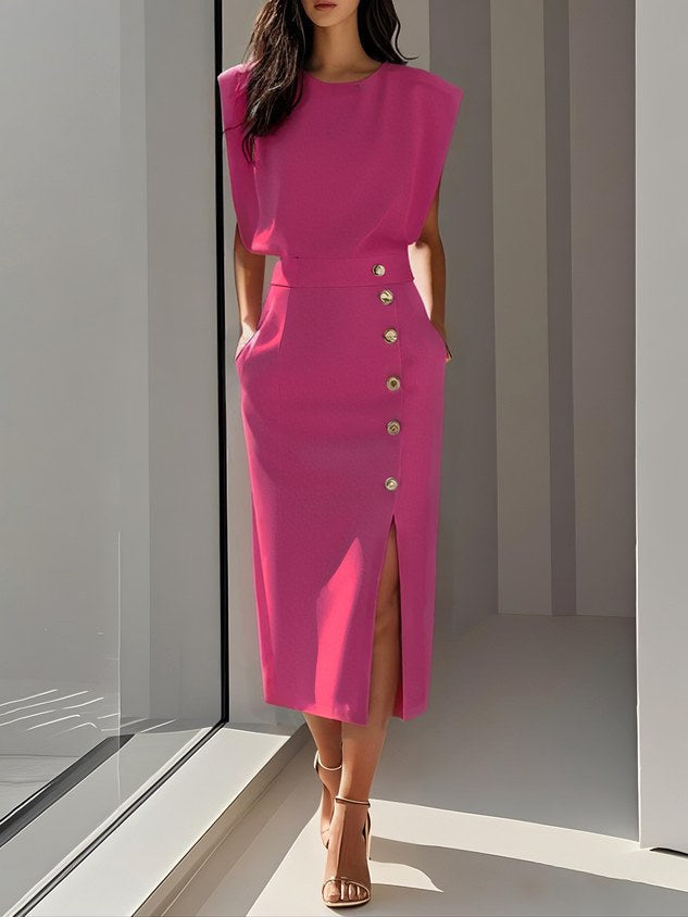 Isabelle | Women's Sleeveless Midi Dress with Button Front, A-Line Midi Dress | My Sweet Wardrobe | Light Pink