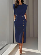 Isabelle | Women's Sleeveless Midi Dress with Button Front, A-Line Midi Dress | My Sweet Wardrobe | Blue