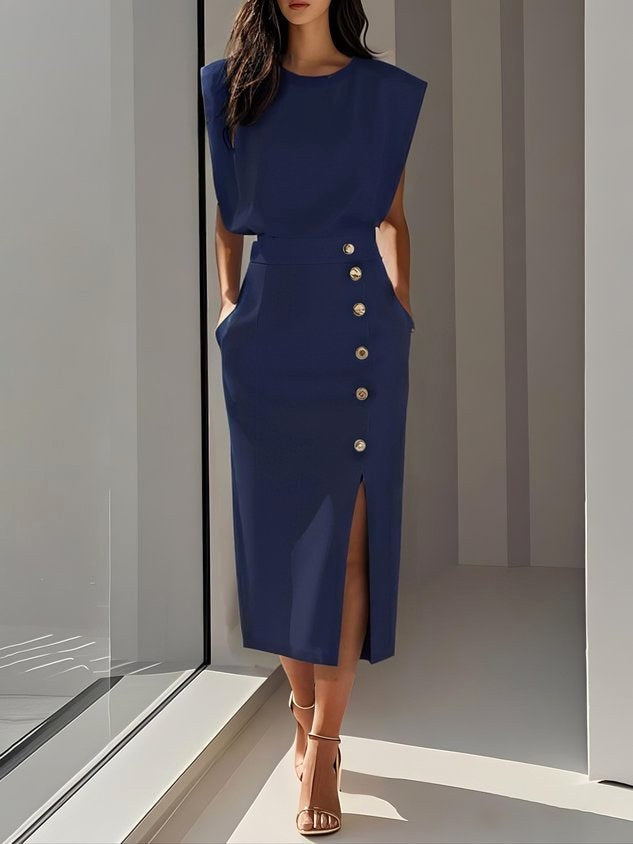Isabelle | Women's Sleeveless Midi Dress with Button Front, A-Line Midi Dress | My Sweet Wardrobe | Blue