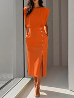 Isabelle | Women's Sleeveless Midi Dress with Button Front, A-Line Midi Dress | My Sweet Wardrobe | Orange