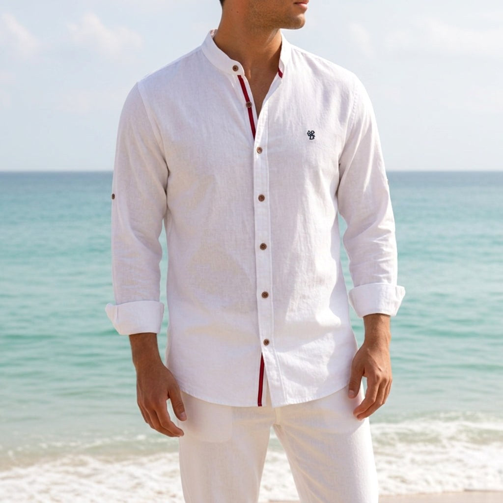 Jake | Men's Mandarin-Collar Cotton Shirt, Long Sleeve Tailored Shirt | My Sweet Wardrobe