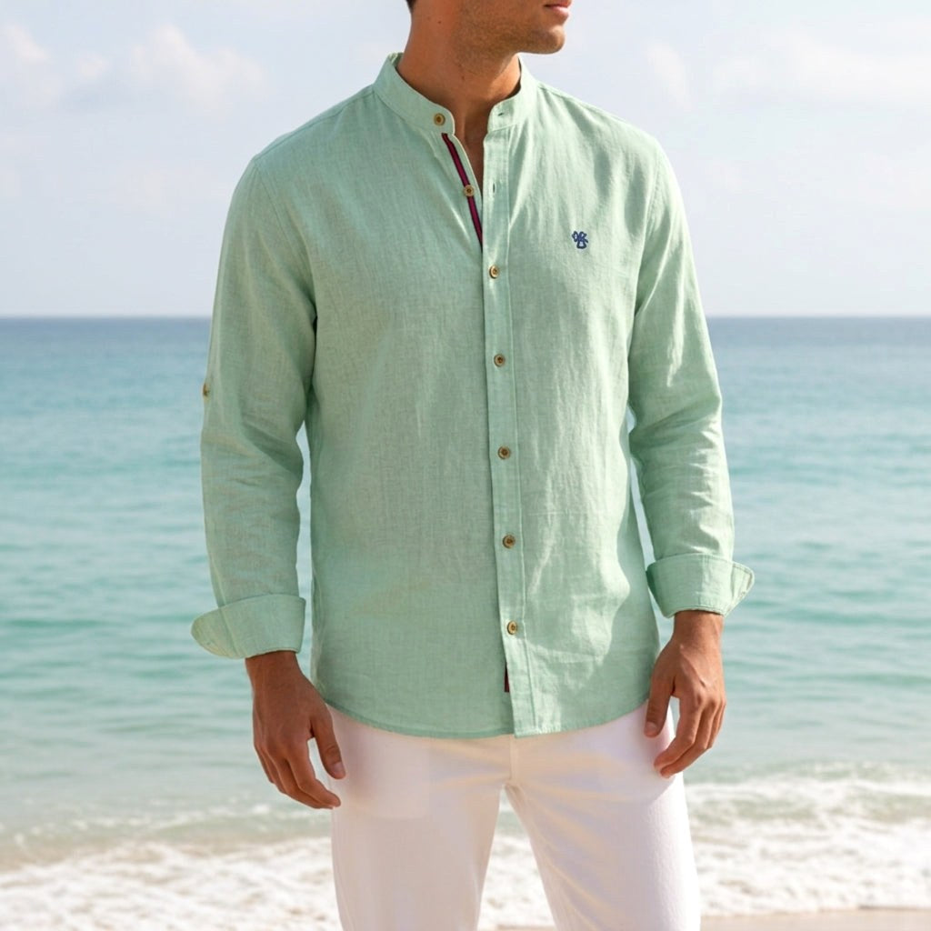 Jake | Men's Mandarin-Collar Cotton Shirt, Long Sleeve Tailored Shirt | My Sweet Wardrobe