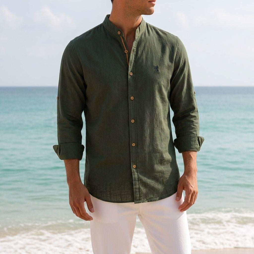 Jake | Men's Mandarin-Collar Cotton Shirt, Long Sleeve Tailored Shirt | My Sweet Wardrobe