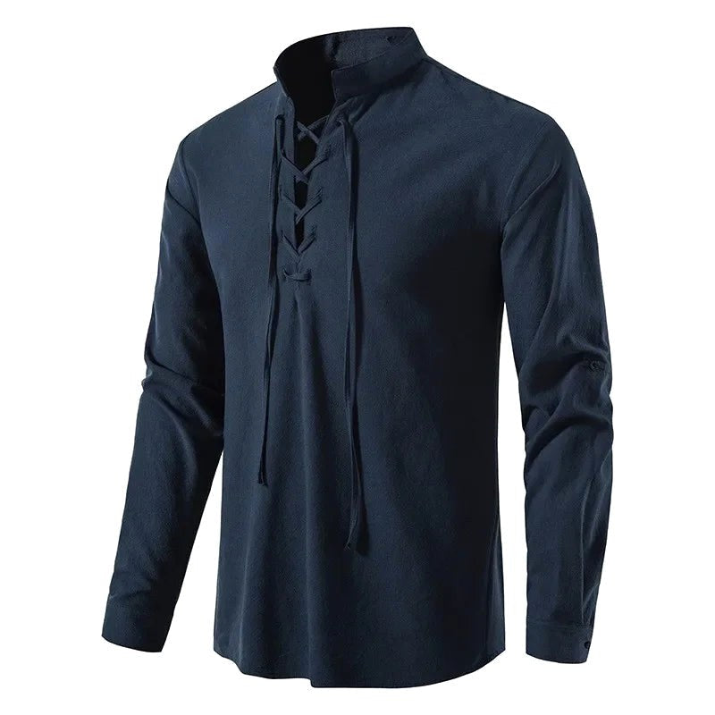 Johannes | Men's Linen Shirt with Neck Tie, Boho Shirt with Long Sleeves | My Sweet Wardrobe | Black