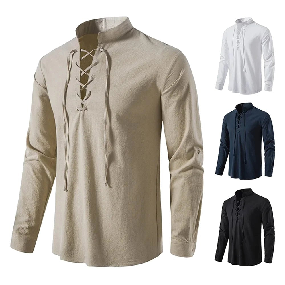 Johannes | Men's Linen Shirt with Neck Tie, Boho Shirt with Long Sleeves | My Sweet Wardrobe | White