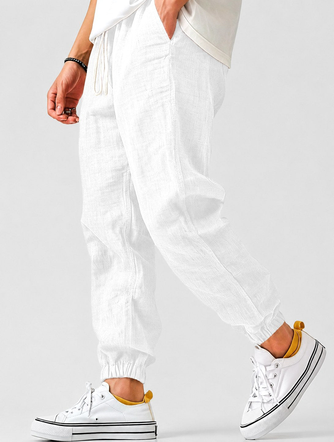 Jonas | Men's Jogger Trousers with Drawstring, Tapered-Fit Summer Trousers | My Sweet Wardrobe | White