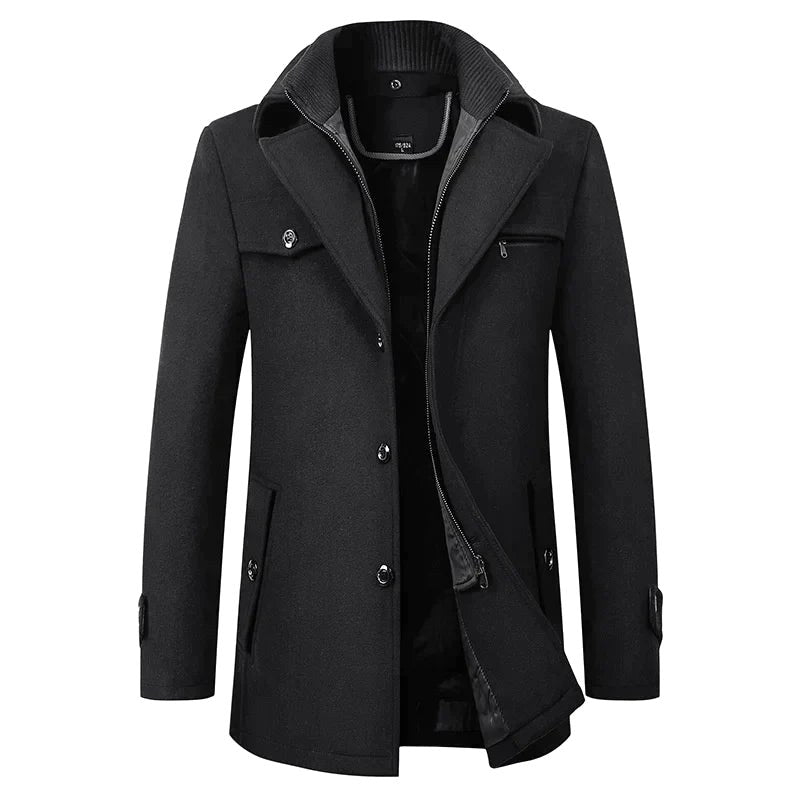 Jonathan | Men's Mid-Length Pea Coat, Notched Lapel Autumn Coat | My Sweet Wardrobe | Black