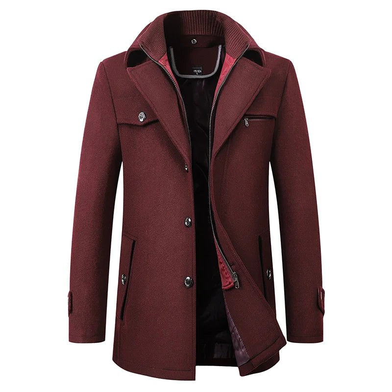 Jonathan | Men's Mid-Length Pea Coat, Notched Lapel Autumn Coat | My Sweet Wardrobe | Maroon