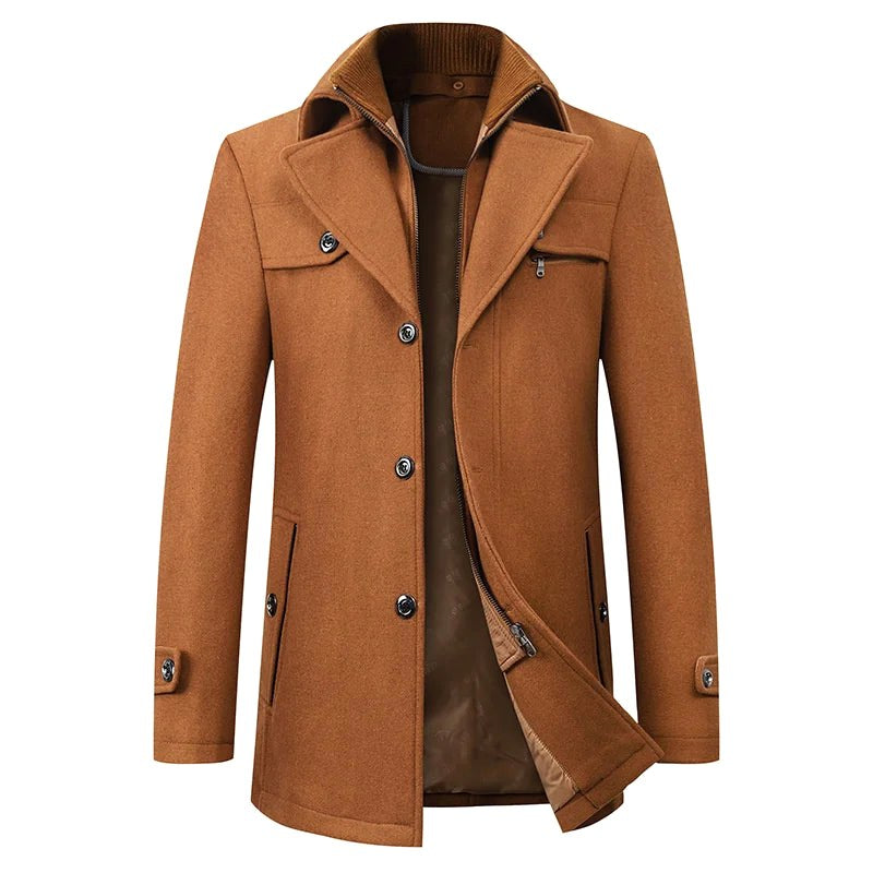 Jonathan | Men's Mid-Length Pea Coat, Notched Lapel Autumn Coat | My Sweet Wardrobe | Brown