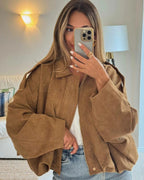 Josette | Women's Faux Suede Collared Bomber Jacket, Structured Collar Jacket | My Sweet Wardrobe