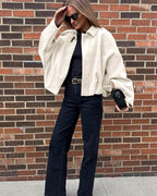 Josette | Women's Faux Suede Collared Bomber Jacket, Structured Collar Jacket | My Sweet Wardrobe