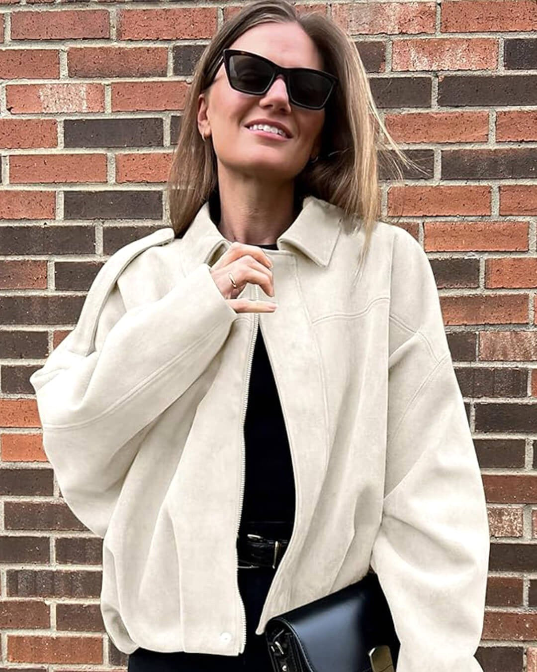 Josette | Women's Faux Suede Collared Bomber Jacket, Structured Collar Jacket | My Sweet Wardrobe