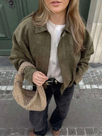 Josette | Women's Faux Suede Collared Bomber Jacket, Structured Collar Jacket | My Sweet Wardrobe | Khaki