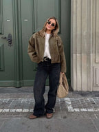 Josette | Women's Faux Suede Collared Bomber Jacket, Structured Collar Jacket | My Sweet Wardrobe | White