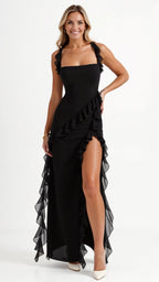 Julia | Women's Ruffled Maxi Dress, Front Slit Evening Dress | My Sweet Wardrobe