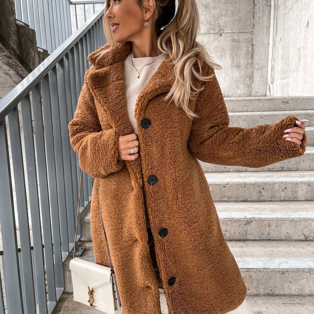 Juliette | Women's Oversized Teddy Long Coat, Soft Texture Autumn Coat | My Sweet Wardrobe | Brown