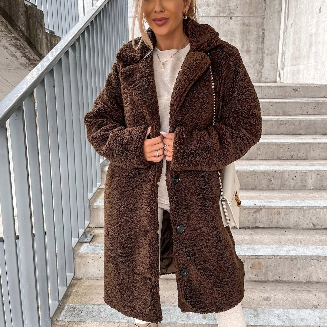 Juliette | Women's Oversized Teddy Long Coat, Soft Texture Autumn Coat | My Sweet Wardrobe | Dark Brown