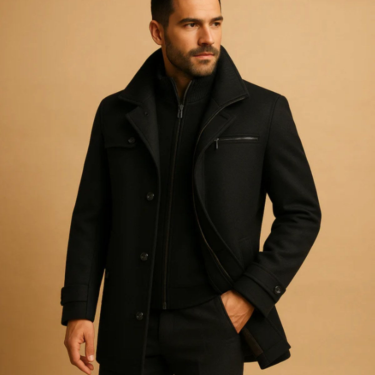 Justin | Men's Insulated Winter Coat with Adjustable Cuff, Warm Autumn Coat | Dressific | Black
