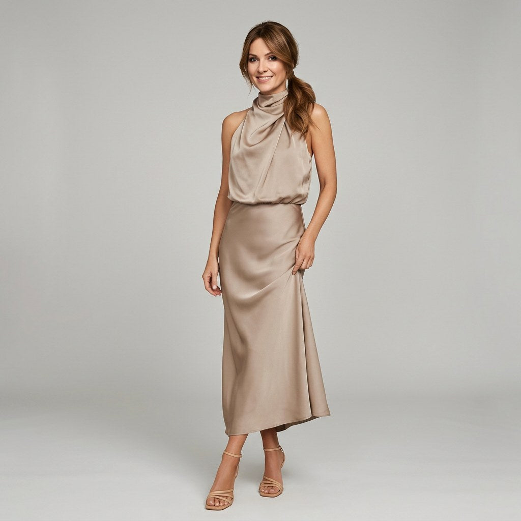 Karen | Draped Midi Dress with Wrap-Style Bodice and High Neckline, Sleeveless Evening Dress | My Sweet Wardrobe