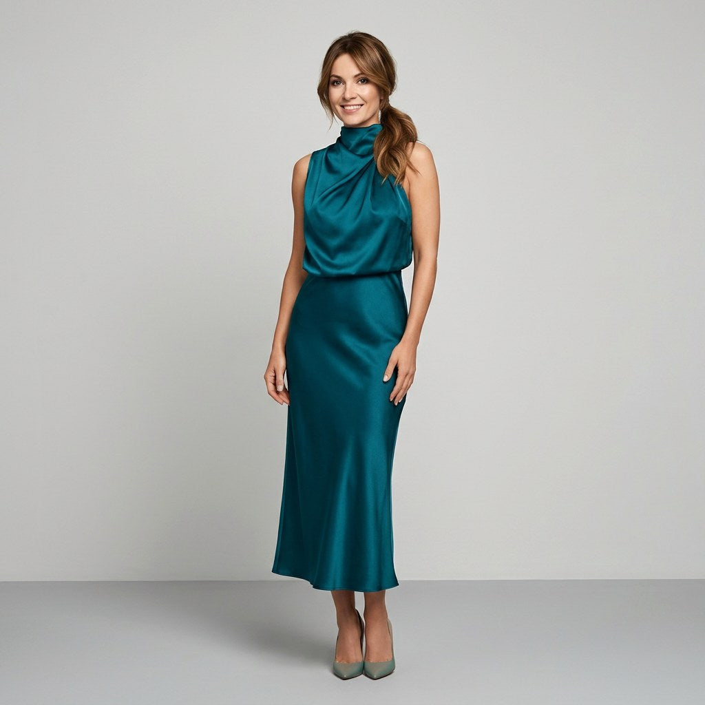 Karen | Draped Midi Dress with Wrap-Style Bodice and High Neckline, Sleeveless Evening Dress | My Sweet Wardrobe