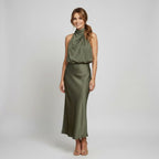 Karen | Draped Midi Dress with Wrap-Style Bodice and High Neckline, Sleeveless Evening Dress | My Sweet Wardrobe