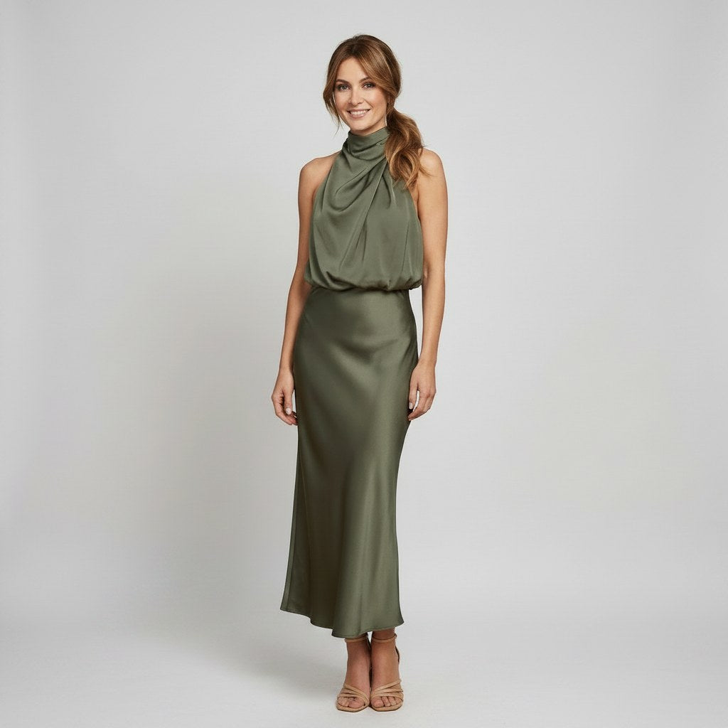 Karen | Draped Midi Dress with Wrap-Style Bodice and High Neckline, Sleeveless Evening Dress | My Sweet Wardrobe