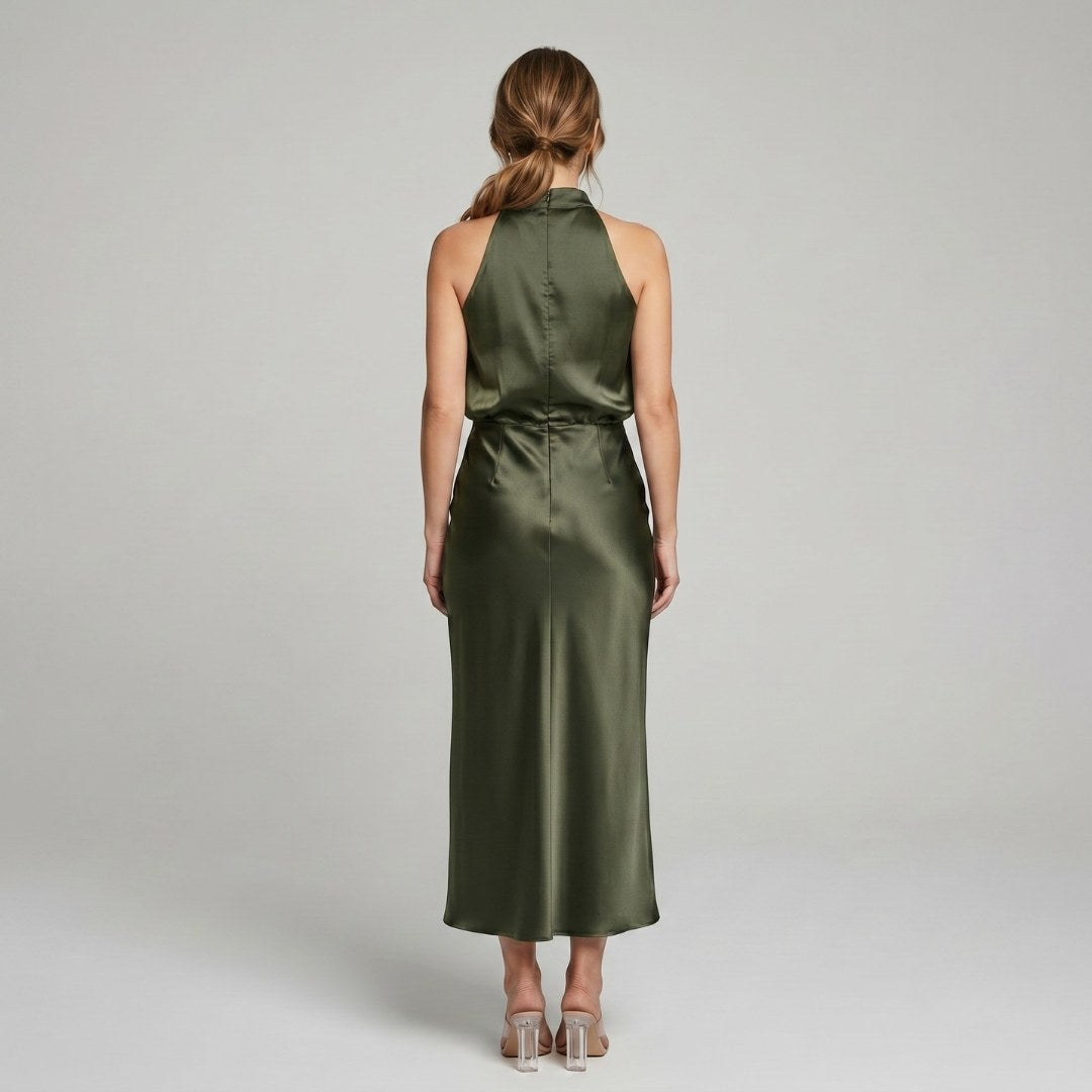 Karen | Draped Midi Dress with Wrap-Style Bodice and High Neckline, Sleeveless Evening Dress | My Sweet Wardrobe
