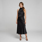 Karen | Draped Midi Dress with Wrap-Style Bodice and High Neckline, Sleeveless Evening Dress | My Sweet Wardrobe
