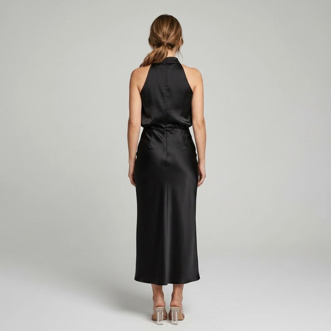 Karen | Draped Midi Dress with Wrap-Style Bodice and High Neckline, Sleeveless Evening Dress | My Sweet Wardrobe