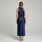Karen | Draped Midi Dress with Wrap-Style Bodice and High Neckline, Sleeveless Evening Dress | My Sweet Wardrobe
